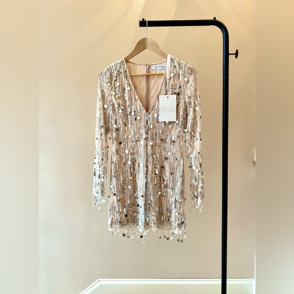 Mac Duggal 93850 | Silver Beaded Fringe | Long Sleeve Plunge |  Sz 6 | NWT - Picture 14 of 14